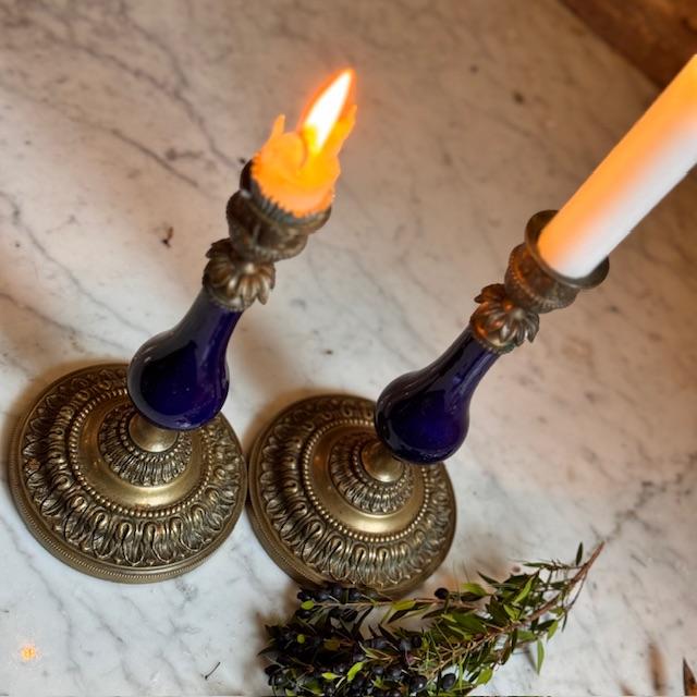 Candleholders 2 ps with blue porcelain