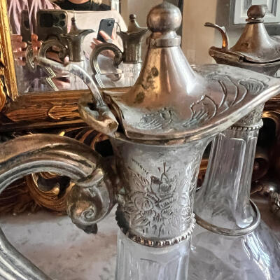 Pair of jugs, silvered cupronickel and cut crystal, Italy, late 19th century