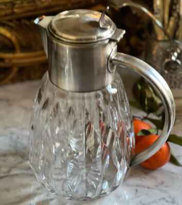 Jug with ice flask, removable strainer, thick cut crystal and cupronickel, Italy, mid-20th century, 3 liters