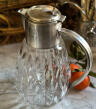 Jug with ice flask, removable strainer, thick cut crystal and cupronickel, Italy, mid-20th century, 3 liters