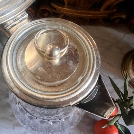 Jug with ice flask, removable strainer, thick cut crystal and cupronickel, Italy, mid-20th century, 3 liters