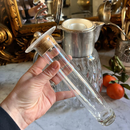Jug with ice flask, removable strainer, thick cut crystal and cupronickel, Italy, mid-20th century, 3 liters
