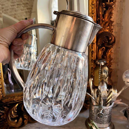 Jug with ice flask, removable strainer, thick cut crystal and cupronickel, Italy, mid-20th century, 3 liters