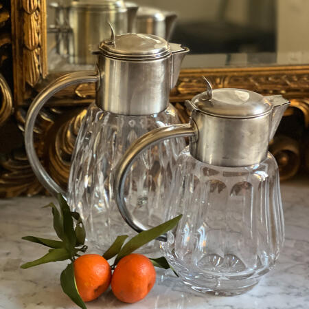 Jug with ice flask, removable strainer, thick cut crystal and cupronickel, Italy, mid-20th century, 3 liters