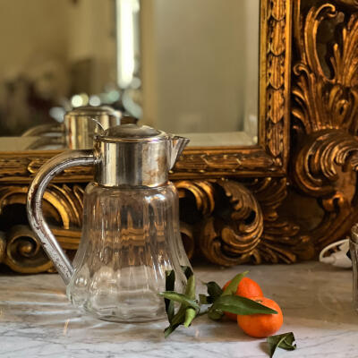 Jug with ice chamber, silver-plated lid and thick cut crystal, Italy, mid-20th century