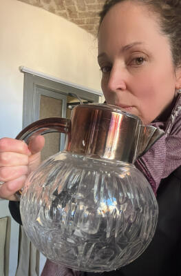 Vessel with ice flask, crystal and metal, Italy, 2 liters, mid-20th century